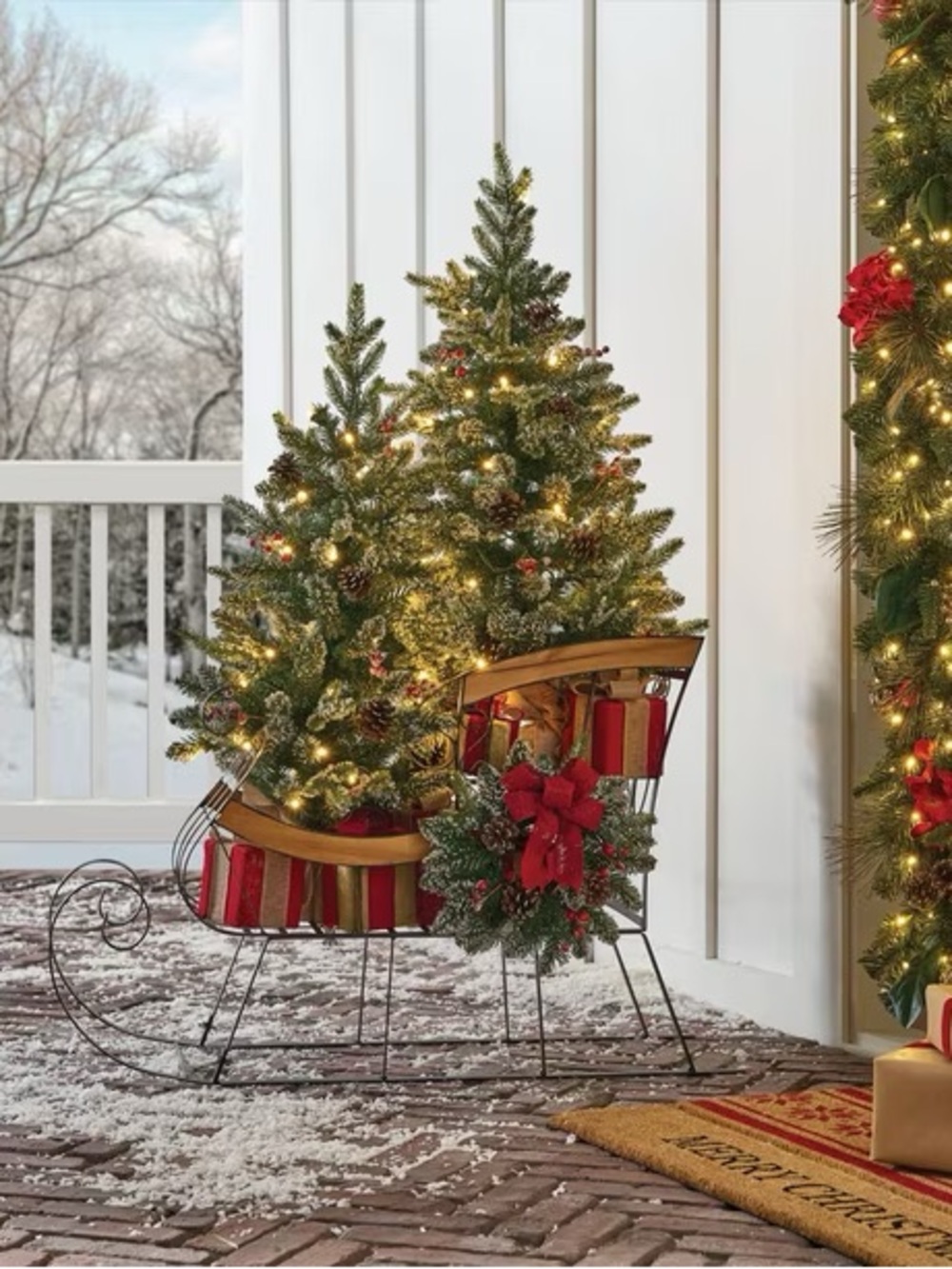 Decorative Sleigh with Pre-Lit Topiaries